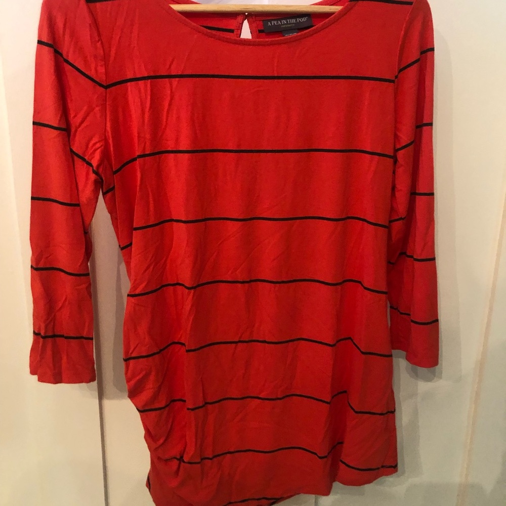 Side gathered red stripe maternity top